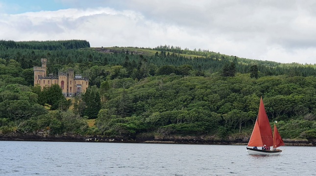 Lugger passing Dromore Castle, Kenmare River, Aug-